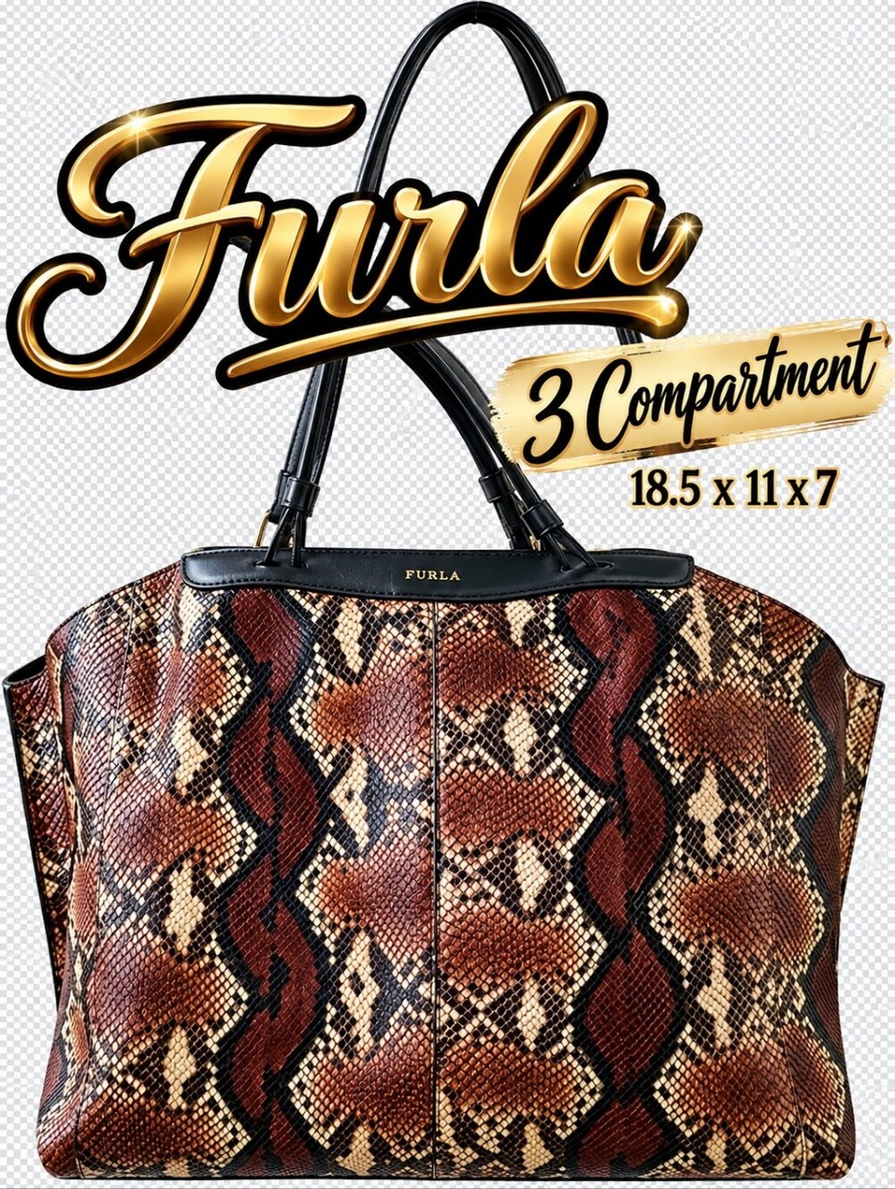 Furla 3 Compartment Snake-Print Tote Bag in Brown and Black